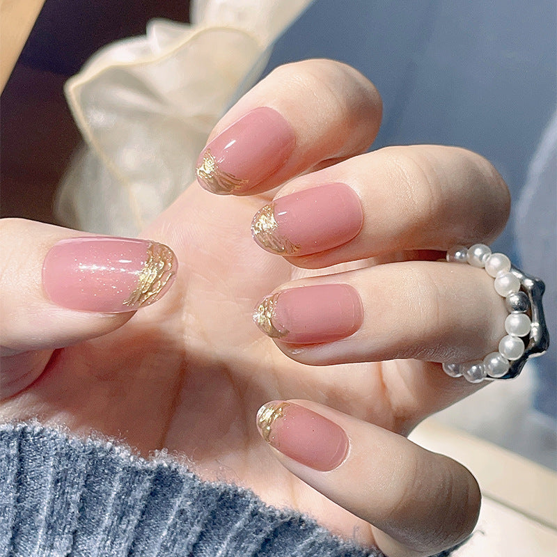 Elegant Sparkle Short Round Pink Press On Nails with Gold Glitter Accents