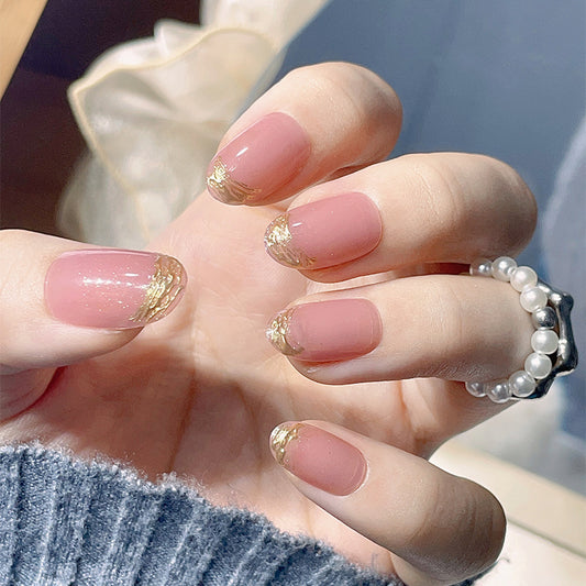 Elegant Sparkle Short Round Pink Press On Nails with Gold Glitter Accents