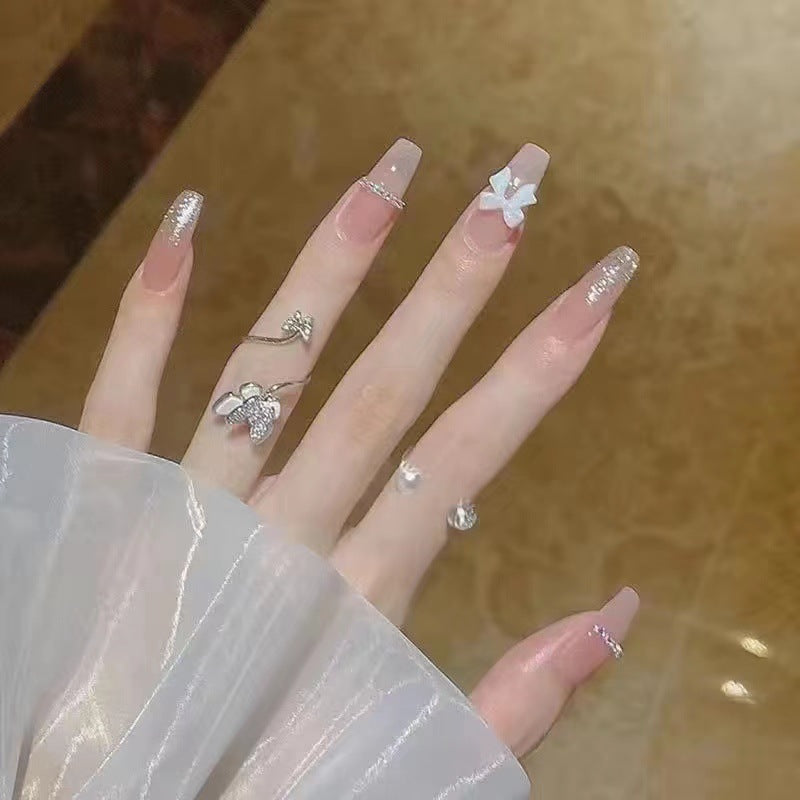 Elegant Bridal Long Coffin Pink Glitter Accented Press On Nail Set with 3D Bow Embellishment