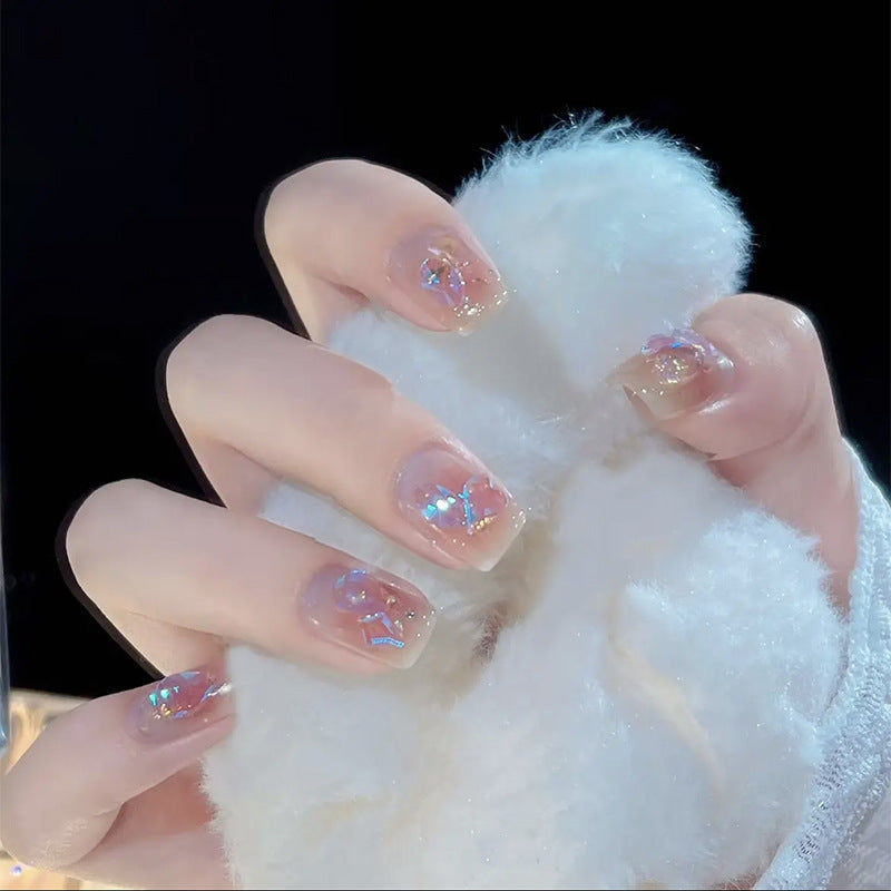 Enchanted Evening Short Square-Shape Clear Press On Nails with Iridescent Glitter Accents