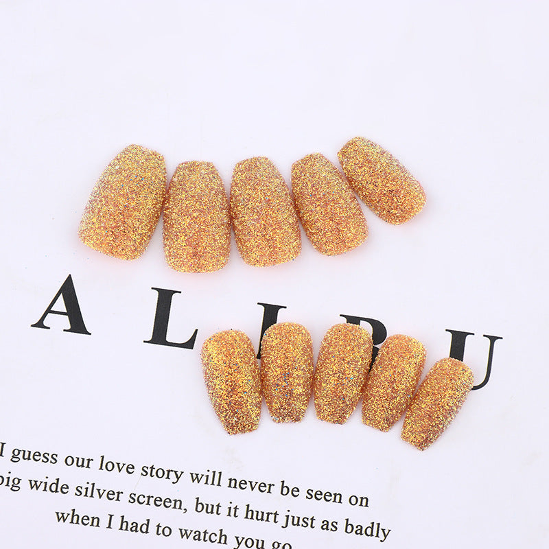 Glamorous Glitter Extravaganza Short Length Coffin Gold Sparkle Press On Nail Set for Fashion-Forward Manicures