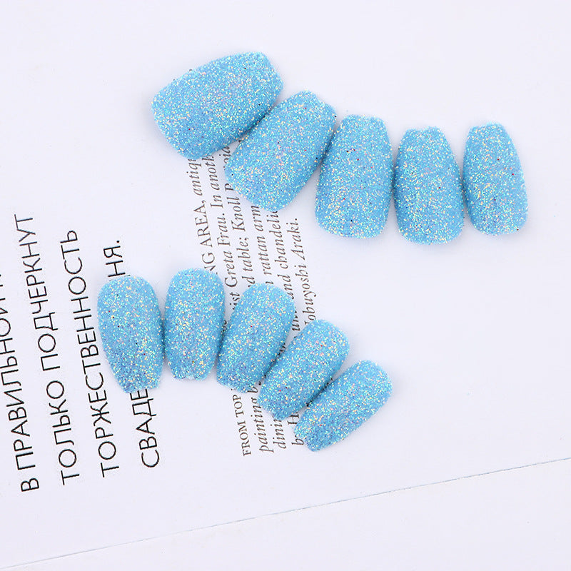 Enchanted Ocean Short Length Coffin Sky Blue Glitter Press On Nail Set