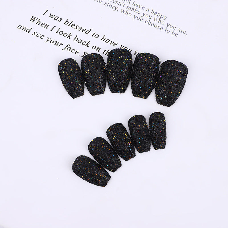 Starry Night Collection Short Coffin Black Glitter Press on Nail Set for Instant Manicure