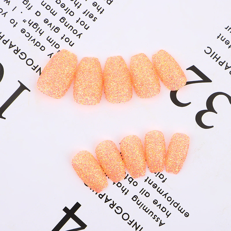 Glittering Glamour Short-Length Coffin Peach Sparkle Press On Nail Set