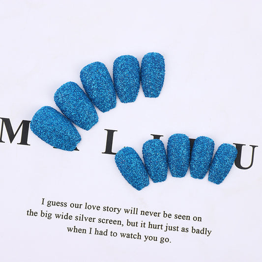 Ocean Sparkle Short Coffin Glitter Blue Press On Nail Set with Textured Finish