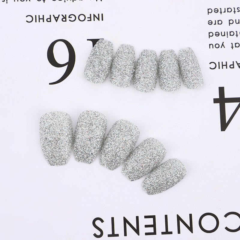 Starry Night Short Coffin Silver Glitter Press On Nail Set with Gemstone Sparkle Accents