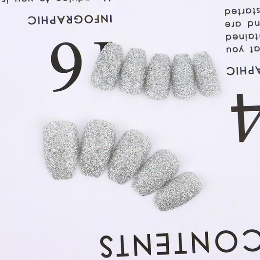 Starry Night Short Coffin Silver Glitter Press On Nail Set with Gemstone Sparkle Accents