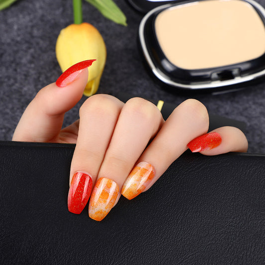 Autumn Spice Short Coffin Press On Nails Set, Red Orange Gradient Color with Glitter Accents