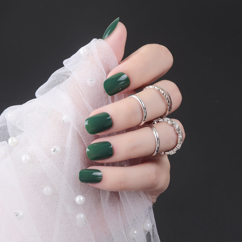 Enchanted Forest Medium Square Deep Green Easy Apply Press On Nail Set with Durable Gloss Finish