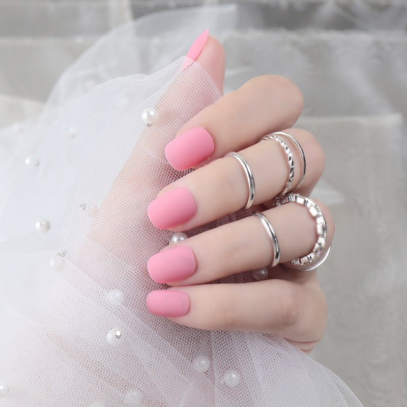 Elegant Matte Pink Short Length Squoval Press On Nail Set with Glossy Accent Tips