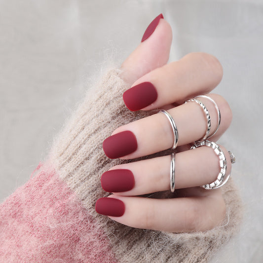 Elegant Burgundy Short Round Matte Press On Nail Set with Comfort Fit Adhesive Technology