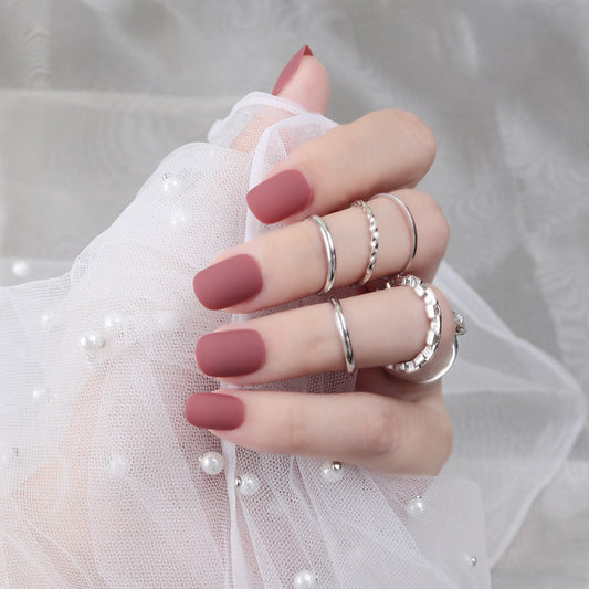 Elegant Bridal Short Round Matte Dusty Rose Press On Nail Set with Pearl Accents