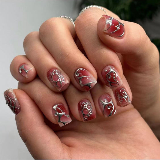 Y2K Punk Short Square Red Glossy Press On Nails