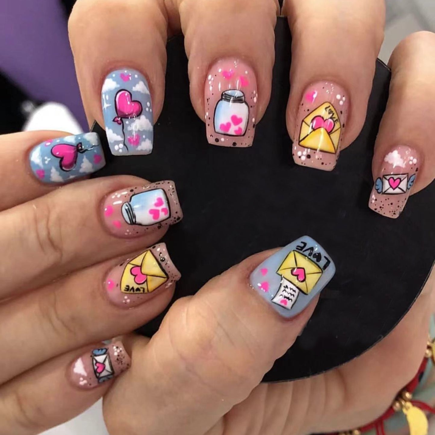 Sweetheart Medium Square Press On Nail Set in Playful Pink with Love Inspired Decals and Glitter Accents