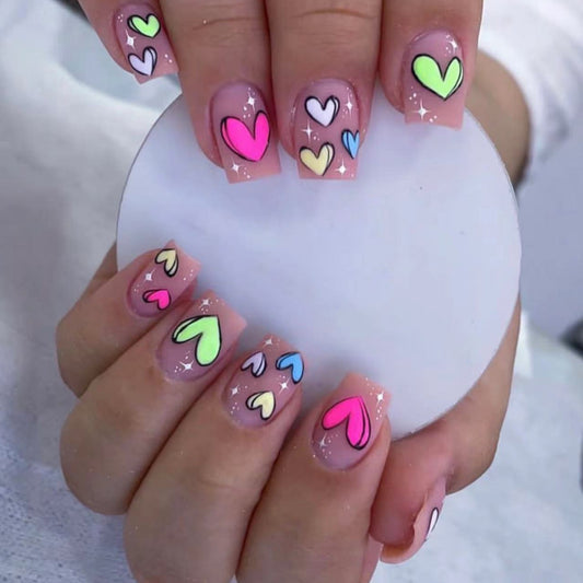 Love Struck Short Square Pastel Press-On Nails with Multicolored Heart Accents