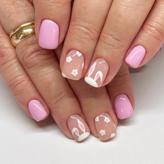 Spring Blossom Short Square Baby Pink and Beige Press On Nails with Floral Accents and Bunny Art Design