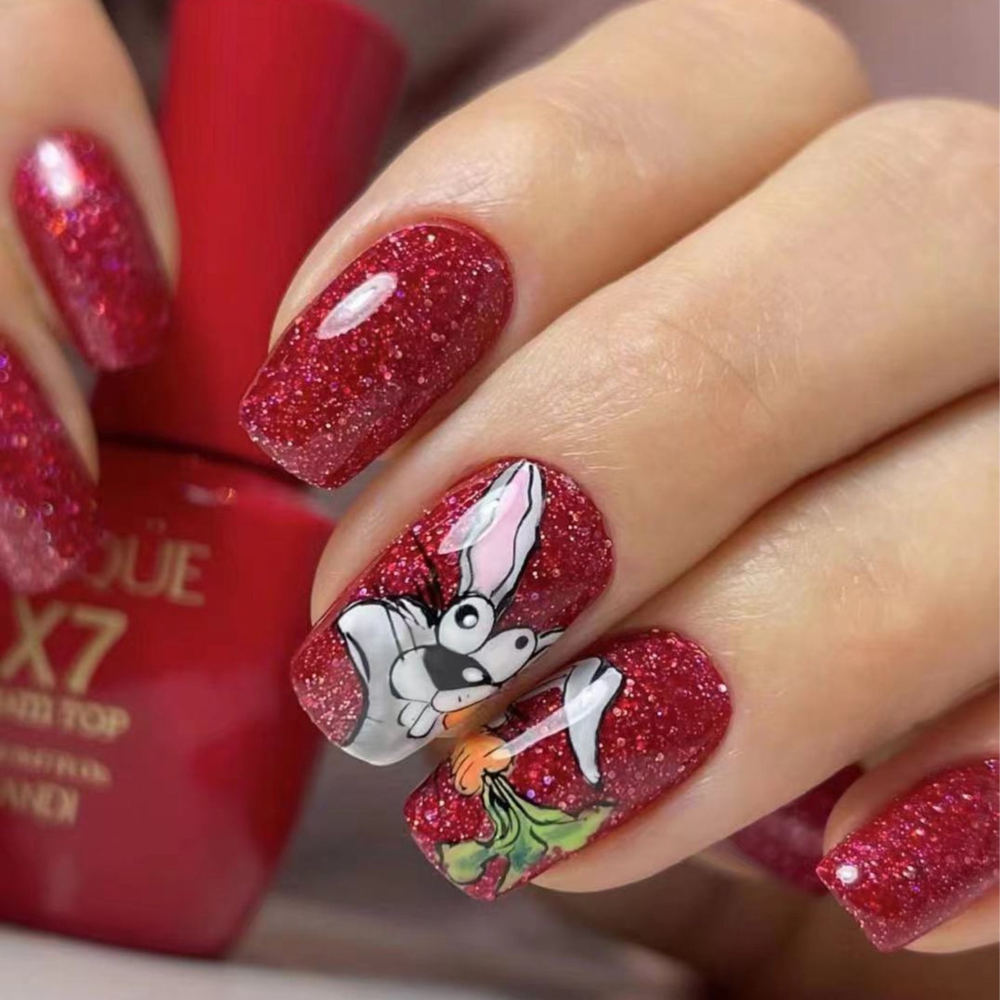 Enchanted Forest Short Round Press On Nail Set Sparkling Ruby Red with Whimsical Rabbit Accent