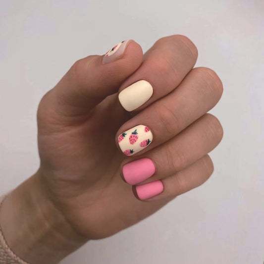 Summer Fruit Fiesta Short Squoval Press On Nail Set, Pastel Pink and Cream with Strawberry Accent Nails