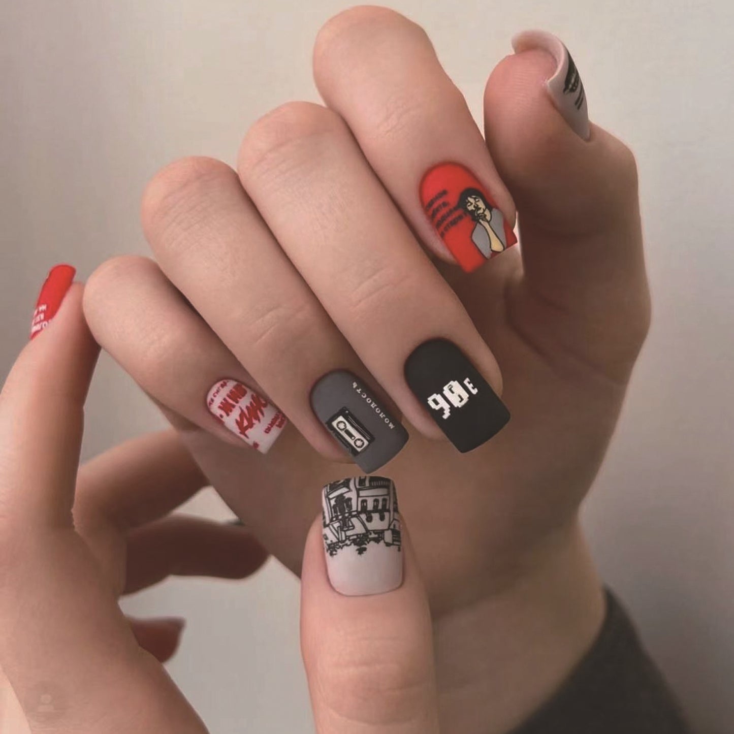 Urban Chic Medium Square Red And Black Press On Nail Set With Edgy Graffiti Art Design