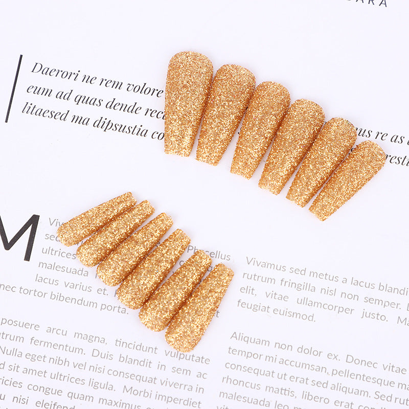 Glamorous Gold Long Coffin Sparkling Glitter Press-on Nails Set for Elegant Nail Art Design