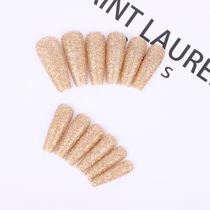 Glamorous Gala Long Coffin Shape Golden Sparkle Press On Nail Set with Glitter Finish