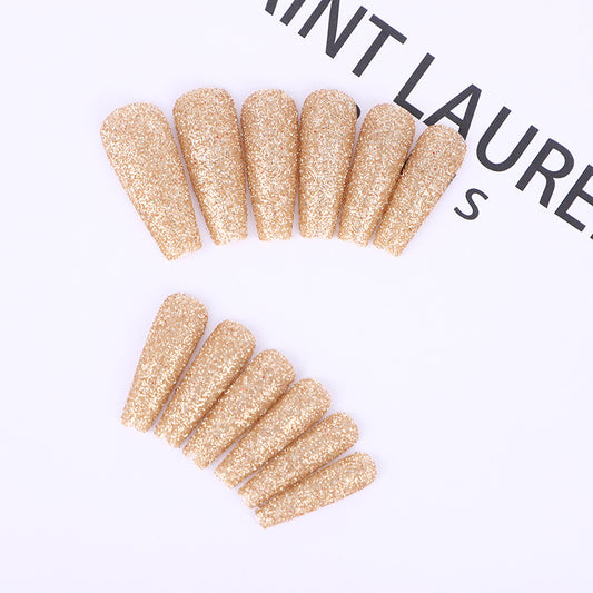 Glamorous Gala Long Coffin Shape Golden Sparkle Press On Nail Set with Glitter Finish