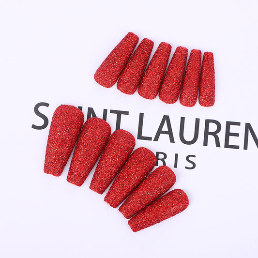Enchanted Evening Long Coffin Ruby Red Glitter Press On Nail Set for Glamorous Look