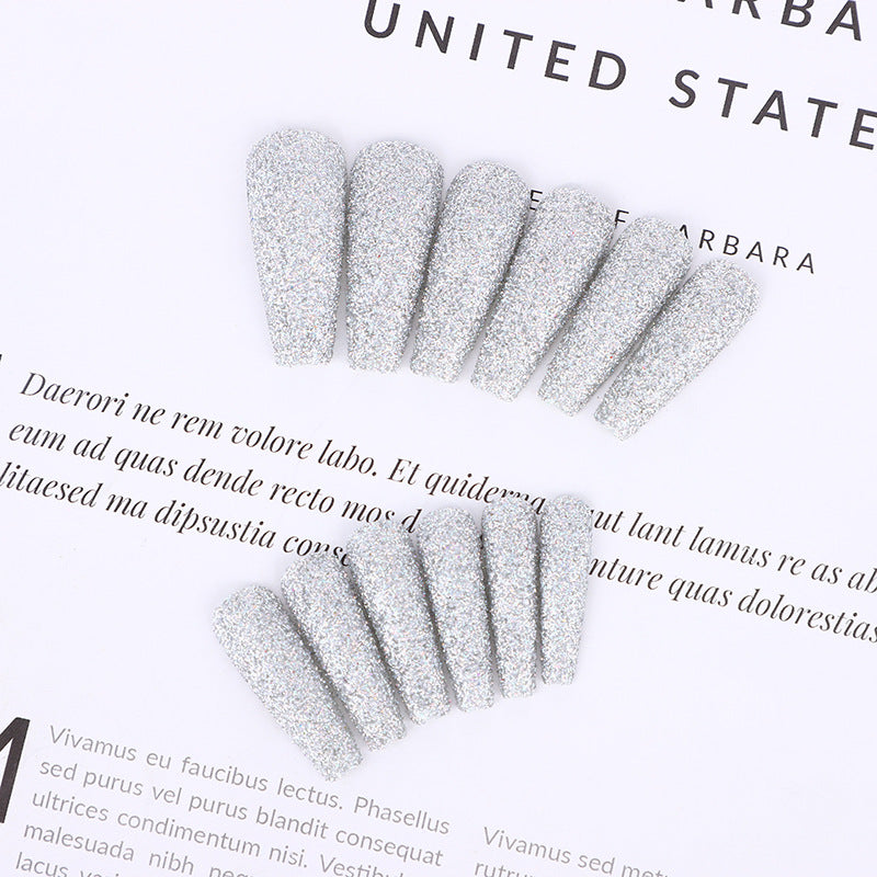 Elegant Sparkle Long Coffin Silver Glitter Press On Nail Set with Durable Adhesive Tabs
