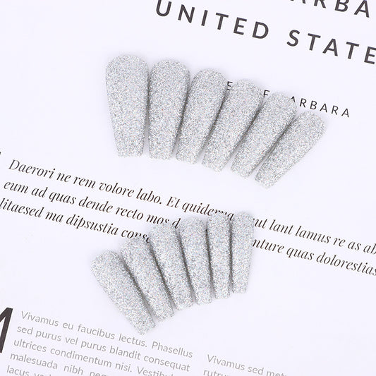 Elegant Sparkle Long Coffin Silver Glitter Press On Nail Set with Durable Adhesive Tabs