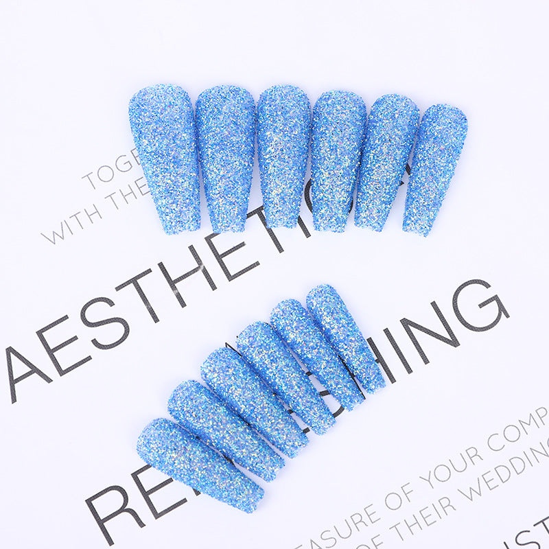Enchanted Sparkle Long Coffin Sky Blue Glitter Press On Nail Set for Fashionable Manicure