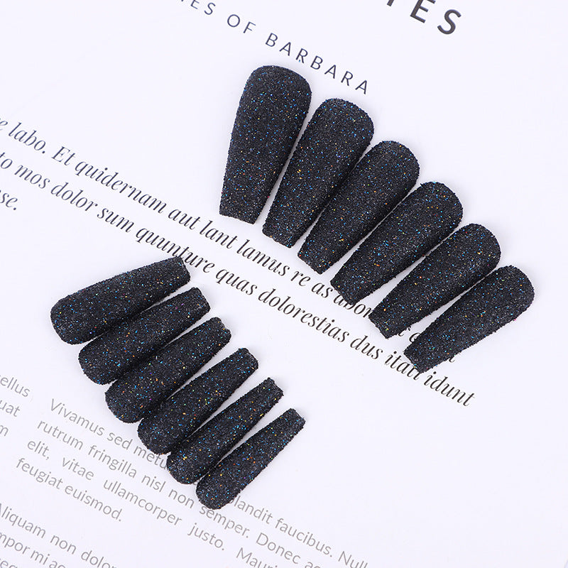Starry Night Long Coffin Midnight Black Glitter Press On Nail Set - Trendy Sparkle Finish Easy Application Fake Nails