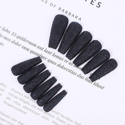 Starry Night Long Coffin Midnight Black Glitter Press On Nail Set - Trendy Sparkle Finish Easy Application Fake Nails