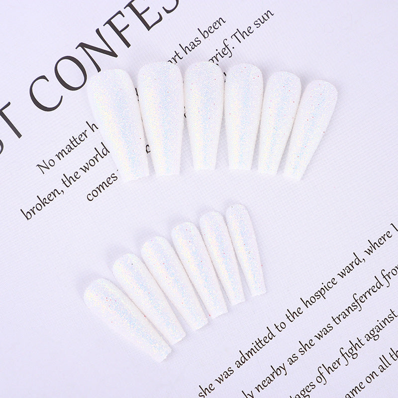 Stellar Sparkle Long Coffin White Iridescent Glitter Press On Nail Set for a Dazzling Manicure