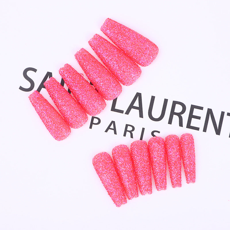 Glamorous Gala Long Coffin Shaped Pink Glitter Press On Nail Set with Durable Adhesive