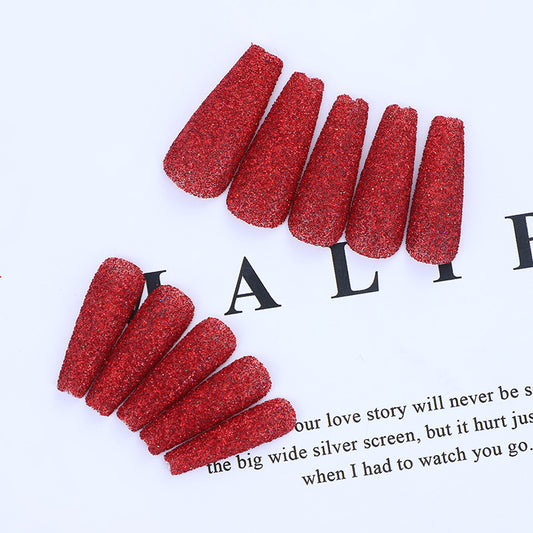 Glamorous Red Carpet Long Coffin Shaped Ruby Glitter Press On Nail Set for Fashionable Occasions