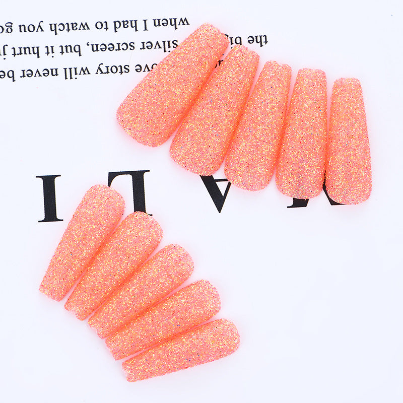Summer Sparkle Long Coffin Coral Glitter Press On Nail Set