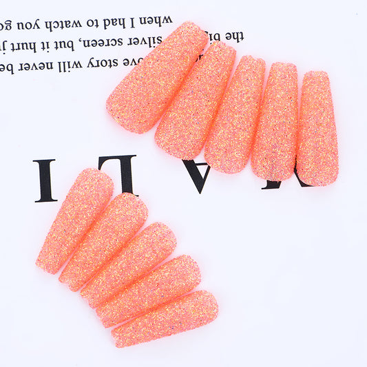 Summer Sparkle Long Coffin Coral Glitter Press On Nail Set