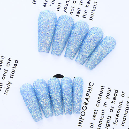 Enchanted Sparkle Long Coffin Light Blue Glitter Press On Nail Set