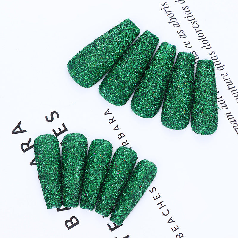 Enchanted Forest Long Coffin Emerald Green Glitter Press On Nail Set for Fashion-Forward Manicures