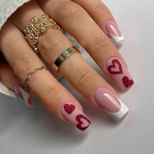 Comback Love Medium Square Red Hearts Press On Nails