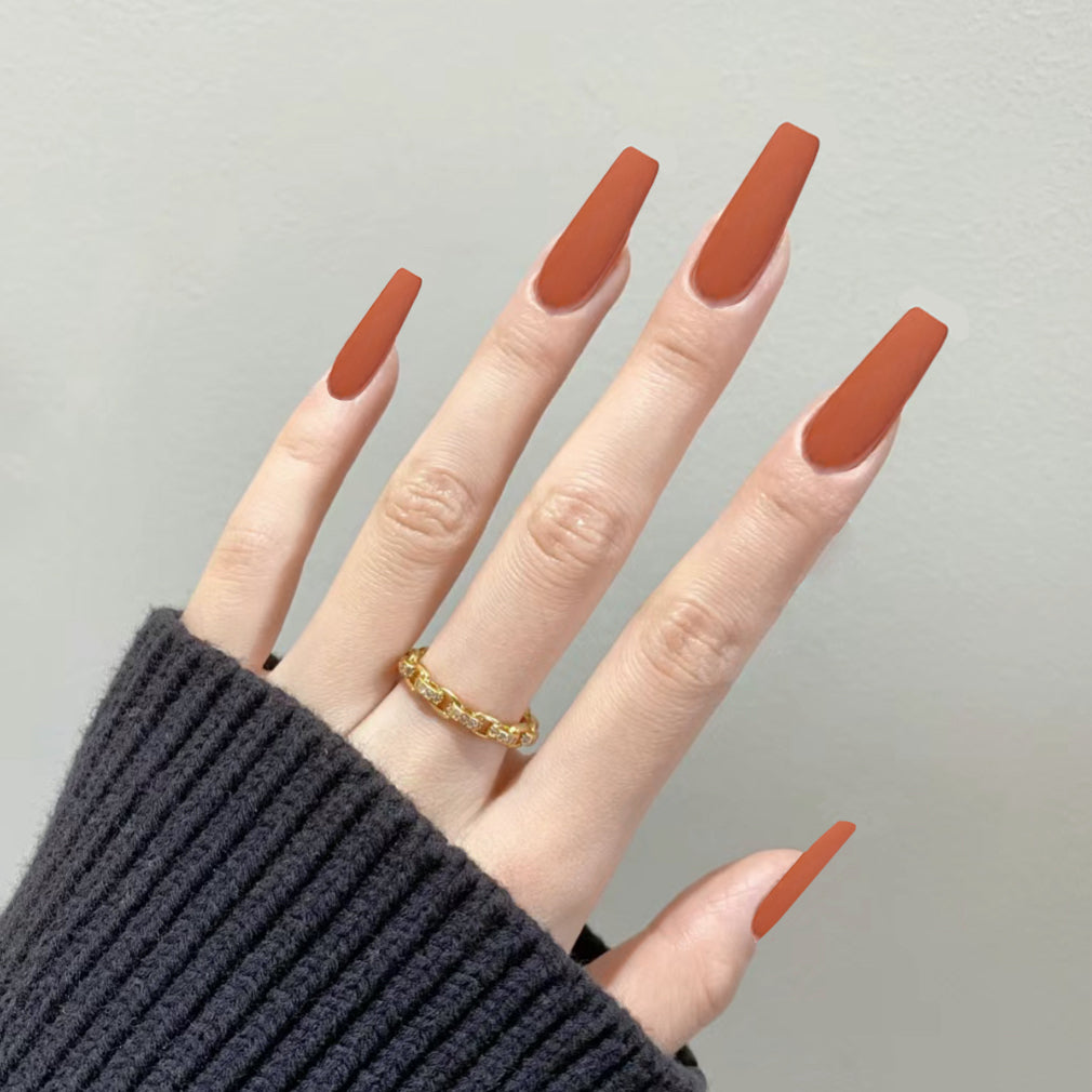 Autumn Spice Long Coffin Burnt Orange Press-On Nails with Matte Texture