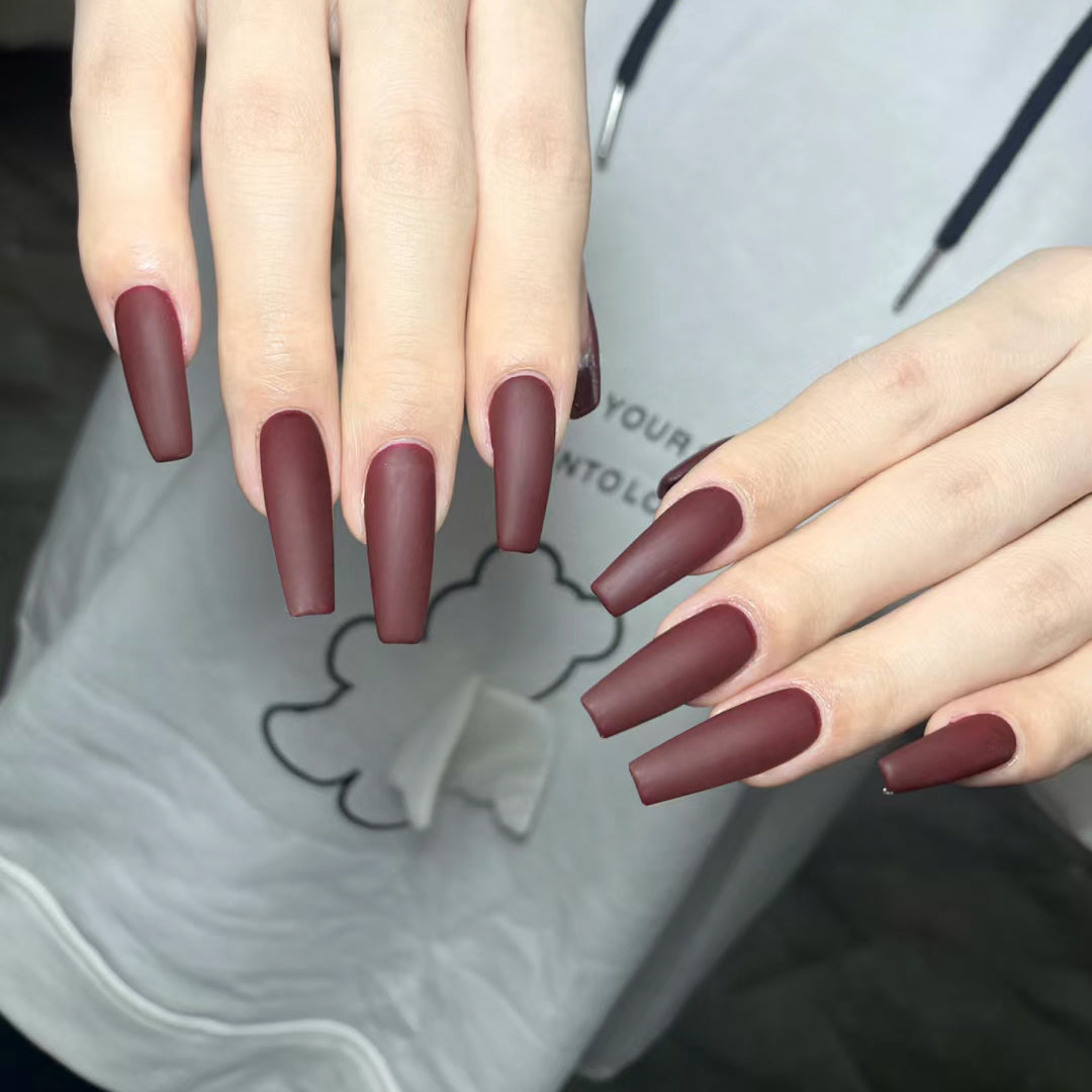 Velvet Merlot Long Coffin Deep Red Press-On Nails with Matte Finish