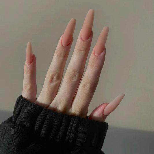 Elegant Long Coffin Peach Pink Press-On Nails with a Matte Texture