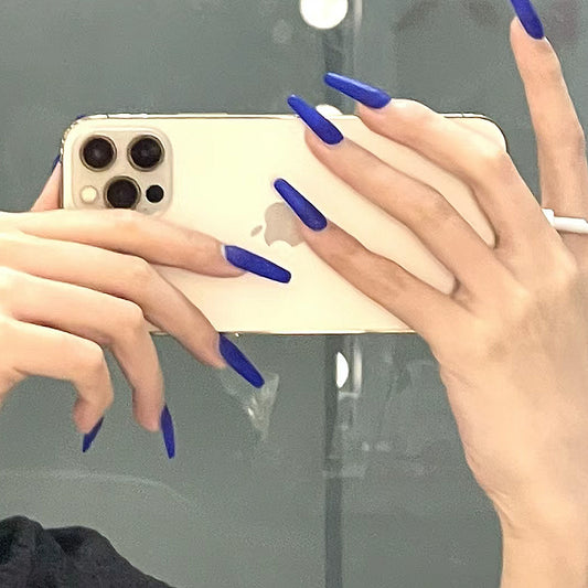 Midnight Majesty Long Coffin Royal Blue Matte Press-On Nails with Sleek Finish