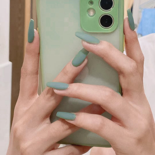 Sleek Modern Long Coffin Frosted Sage Green Press-On Nail Set