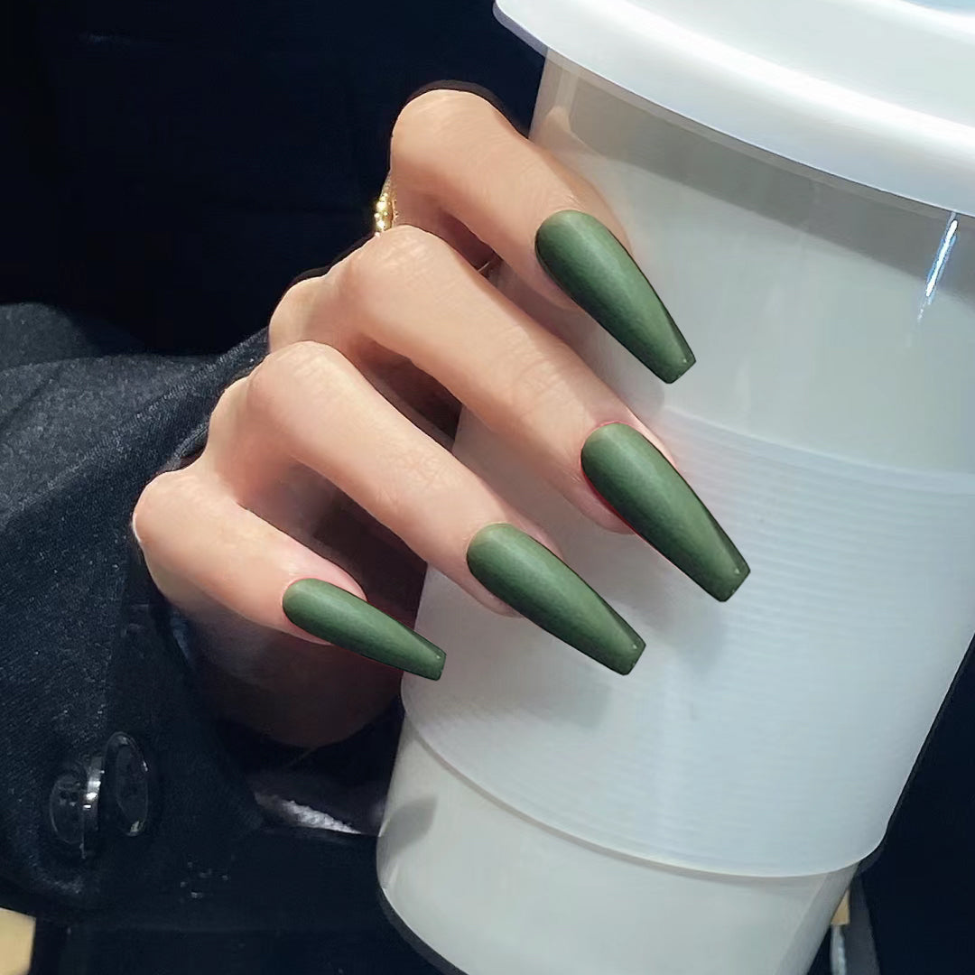 Forest Retreat Long Coffin Matte Olive Press-On Nails
