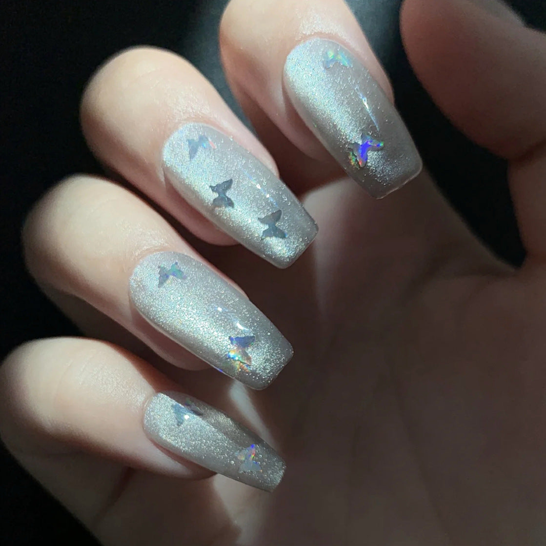 Gotten Far Medium Coffin Silver Butterfly Press On Nails