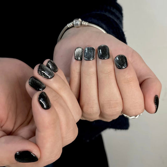 Cat Eye Glam Short Squoval Black Glitter Press On Nails
