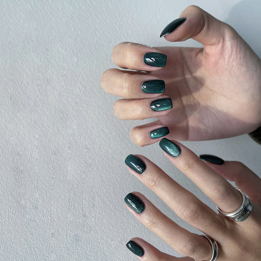 Cat Eye Lux Short Square Green Glitter Press On Nails