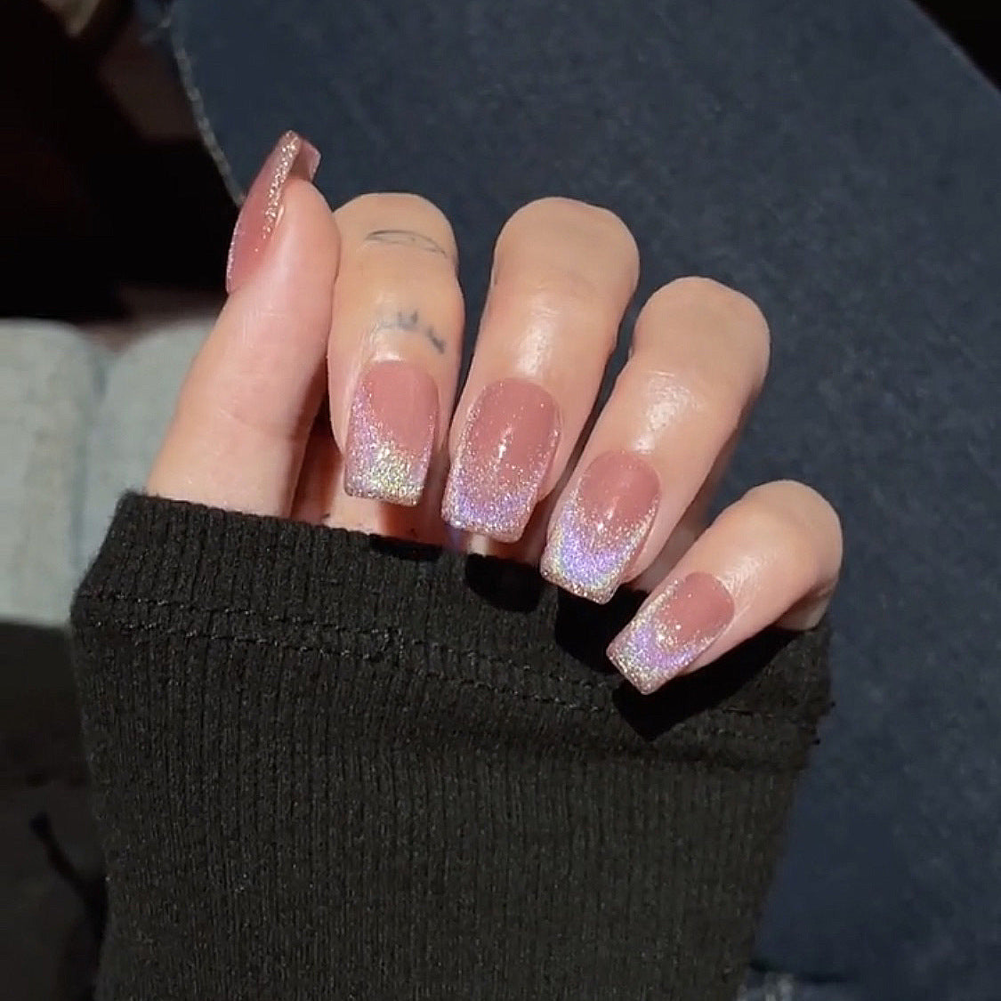 Cat Eye Bold Medium Square Pink Glitter Press On Nails